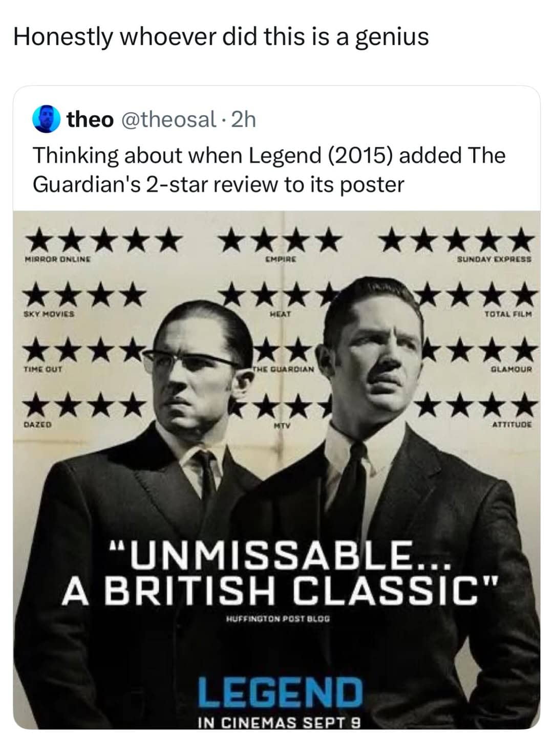 Movie poster for Legend cleverly hiding a two-star review between Tom Hardy's heads.