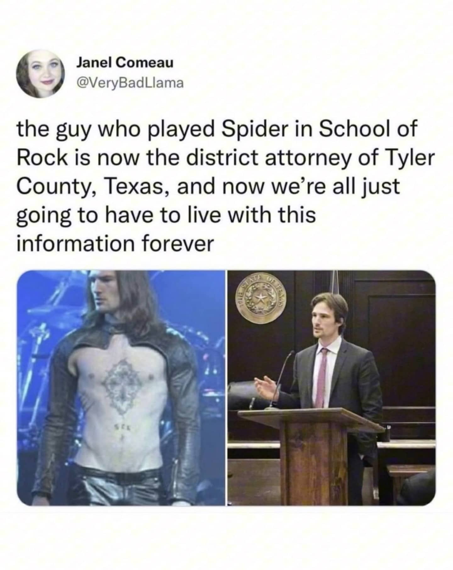 Side-by-side comparison showing a School of Rock actor as a musician and a district attorney.