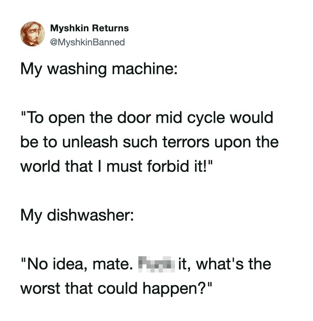 Humorous text post comparing the overprotective nature of washing machines versus chaotic dishwashers.