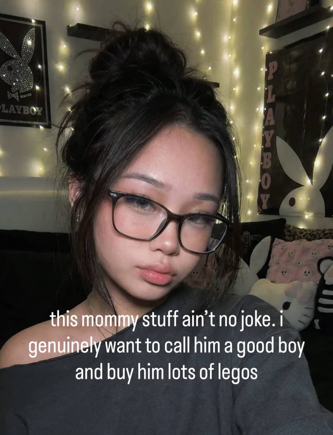 Young woman with glasses meme about wanting to buy a partner Legos and calling him a good boy.