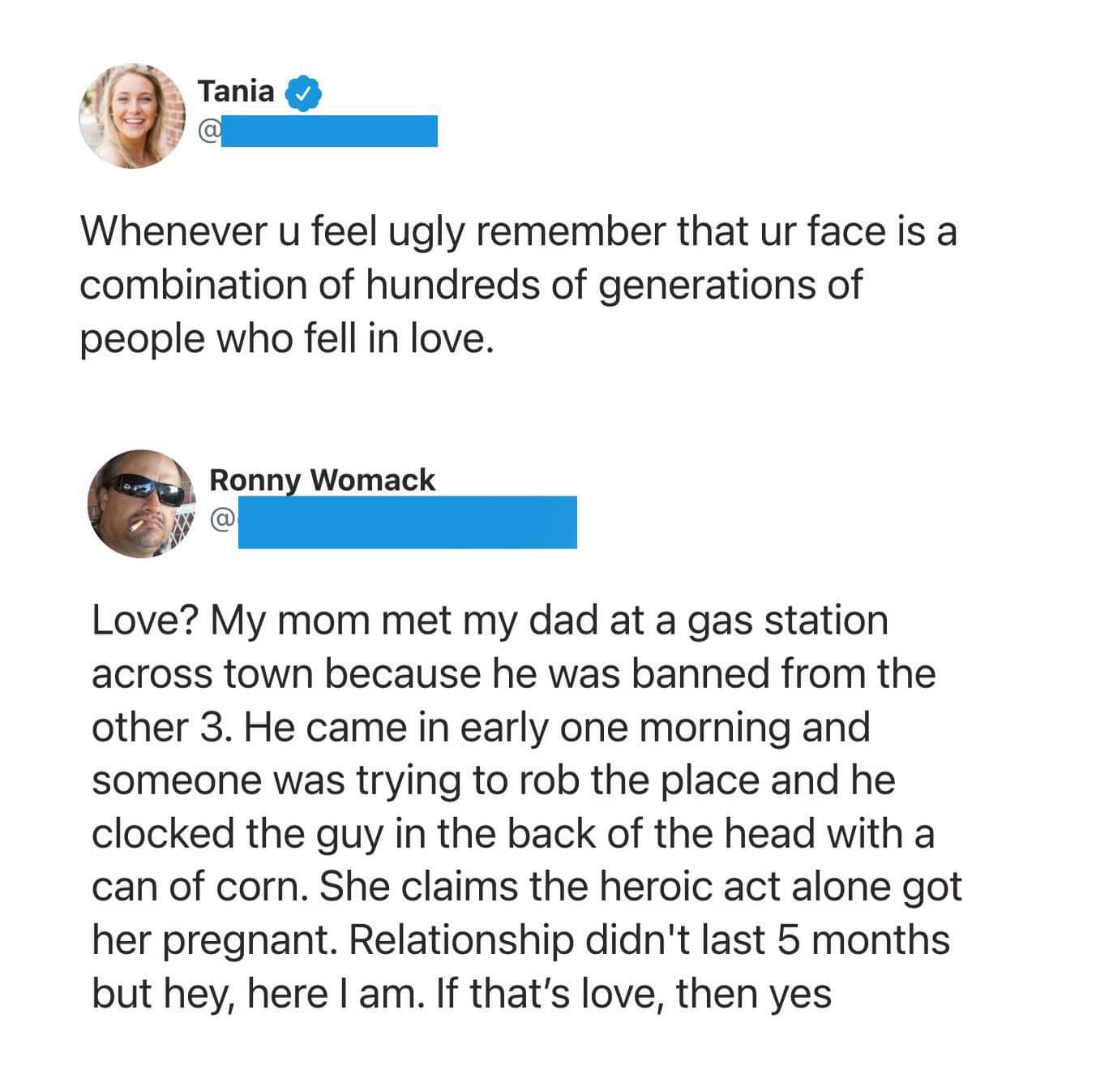 Funny Twitter interaction about a chaotic gas station meet-cute story involving a can of corn.