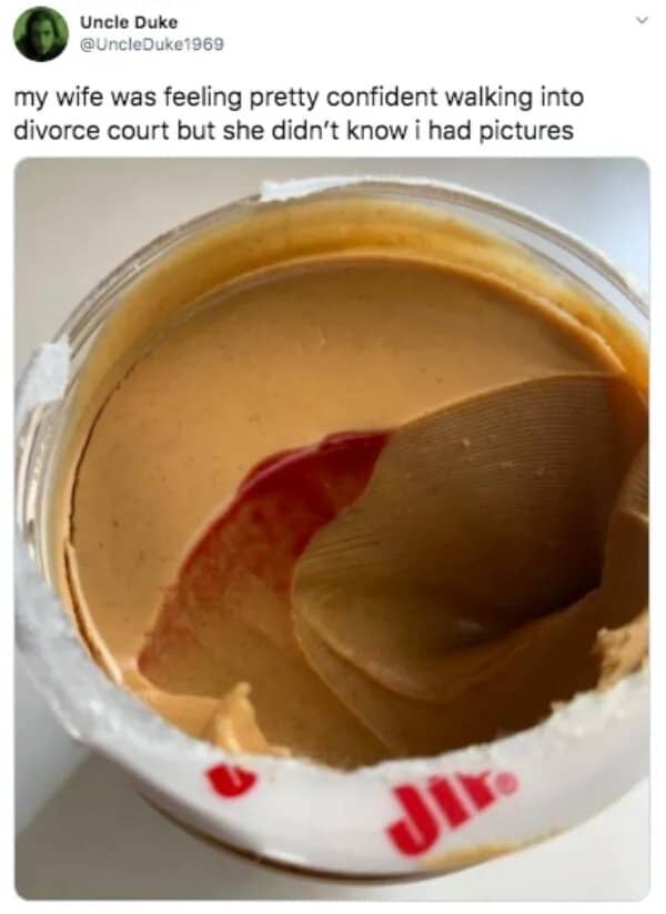 Jar of peanut butter with a smear of jelly inside as evidence for divorce court.