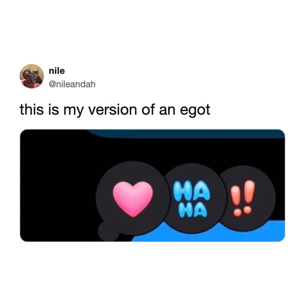 iPhone message reaction bubble showing a heart, ha-ha, and exclamation point as an EGOT.