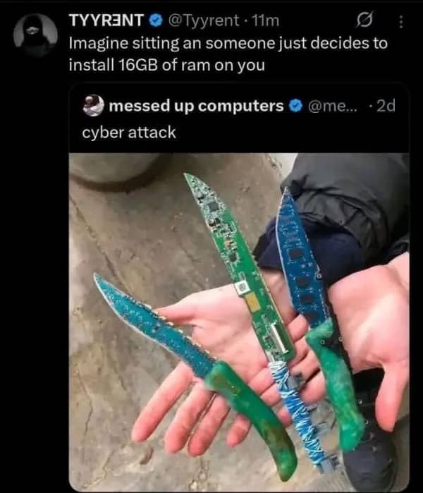 A meme showing hands holding knives made from green circuit boards with a funny cyber attack caption.