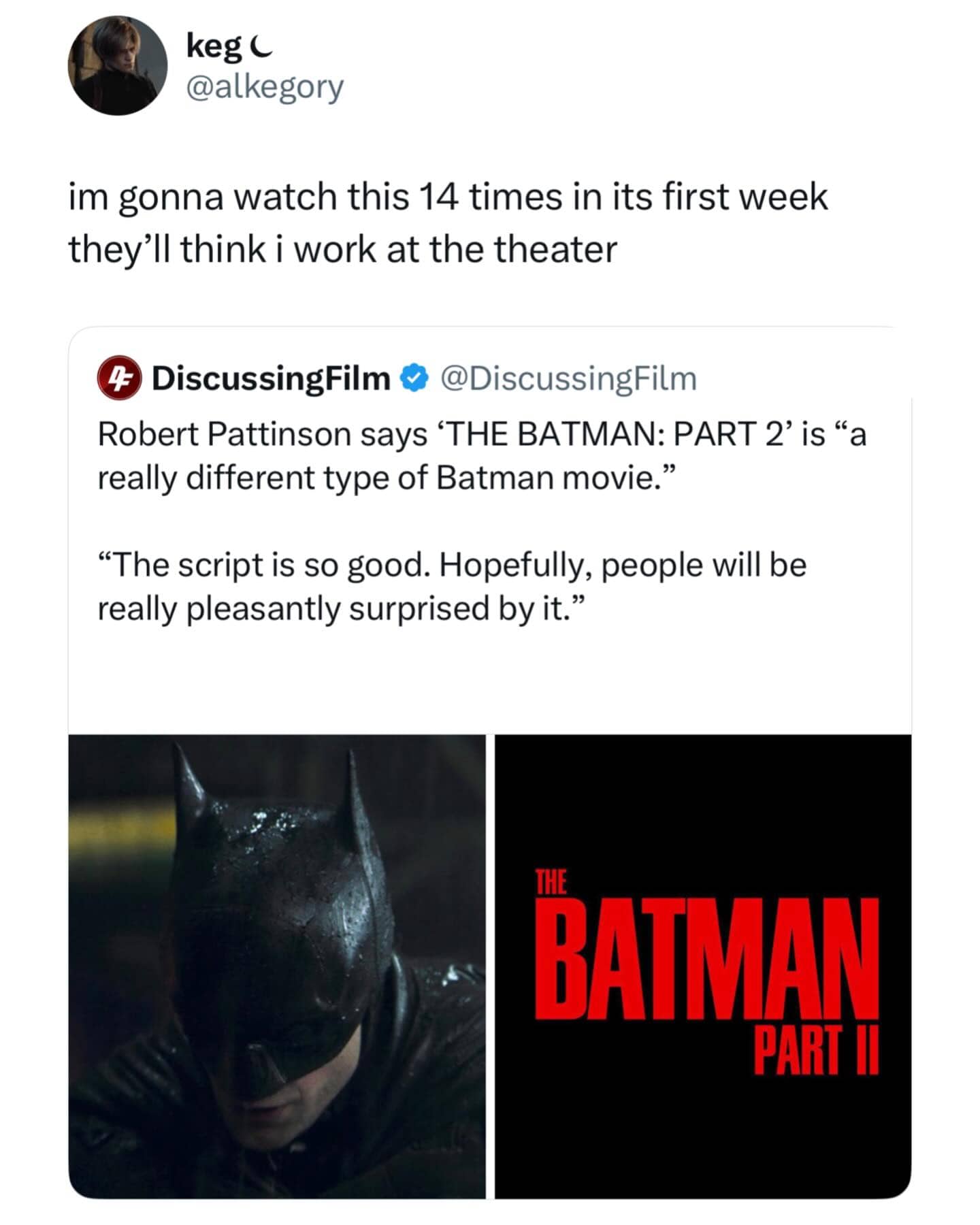 Robert Pattinson news update about The Batman Part 2 with a fan comment about watching it repeatedly.