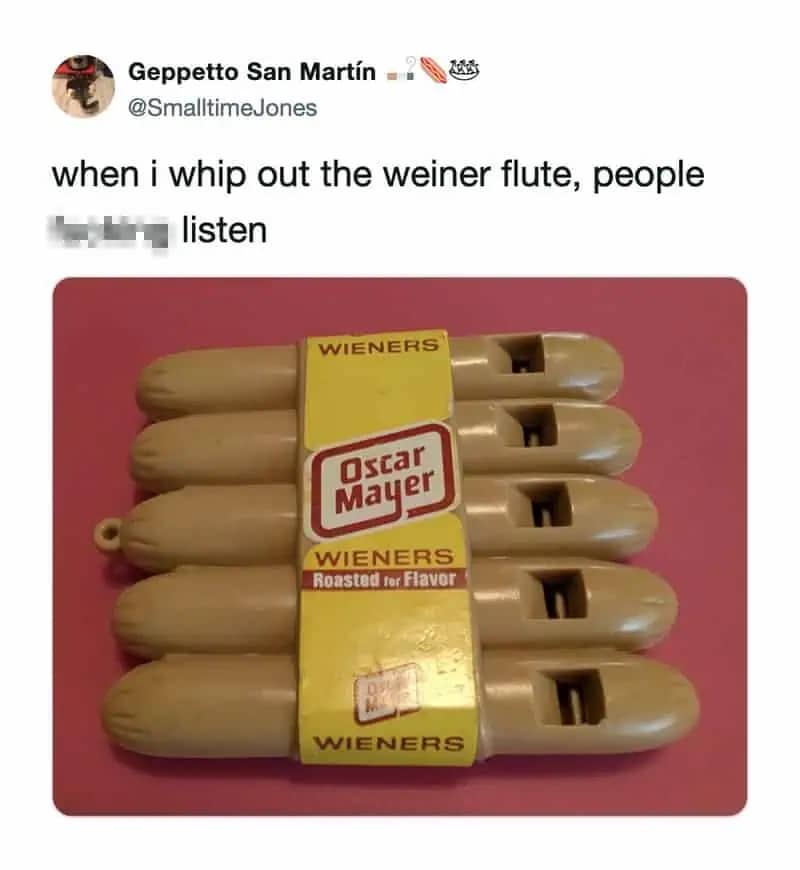 A social media post featuring a package of Oscar Mayer wiener-shaped plastic toy flutes.