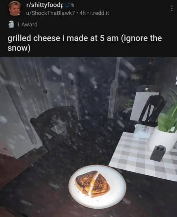 Funny meme of a grilled cheese sandwich on a table with dust motes looking like indoor snow.