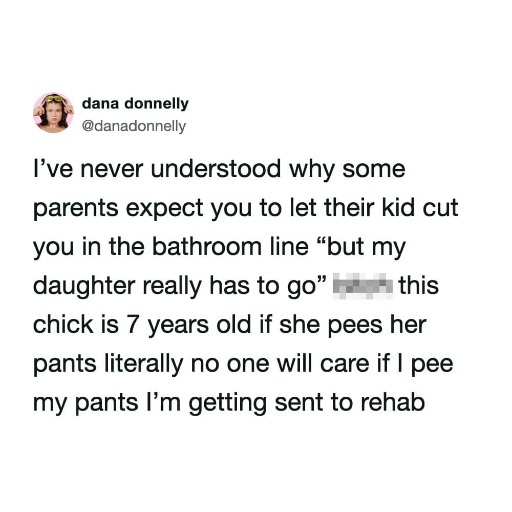 Comedic tweet about the double standards of children versus adults needing to use the bathroom urgently.