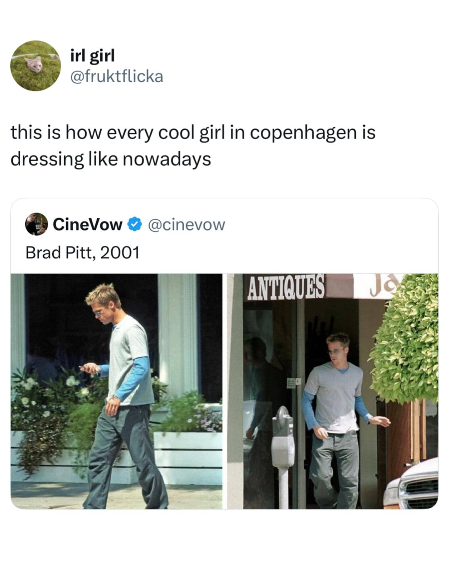 Paparazzi photos of Brad Pitt from 2001 compared to modern fashion trends for cool girls in Copenhagen.