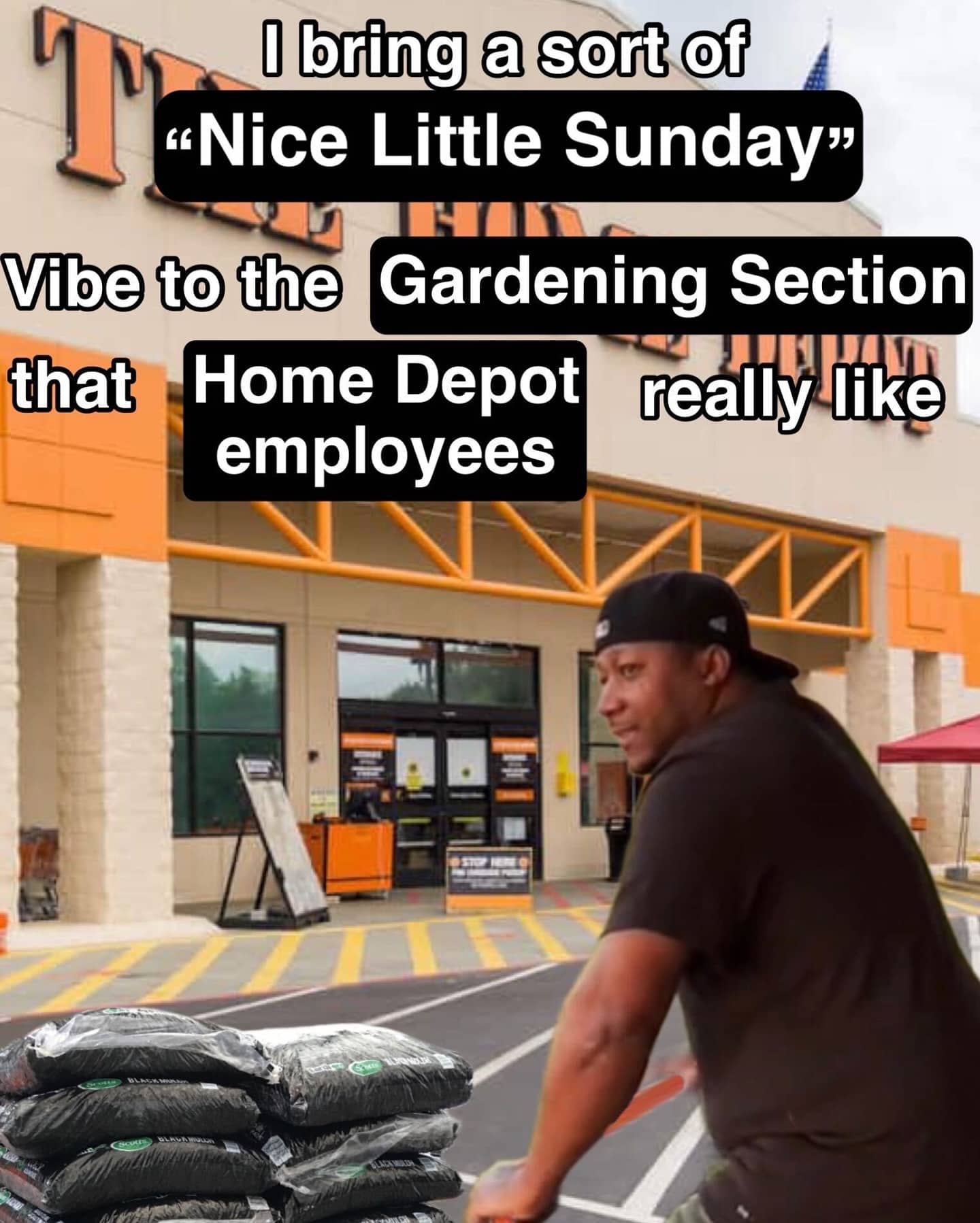 Man at Home Depot gardening section bringing a nice little Sunday vibe meme.