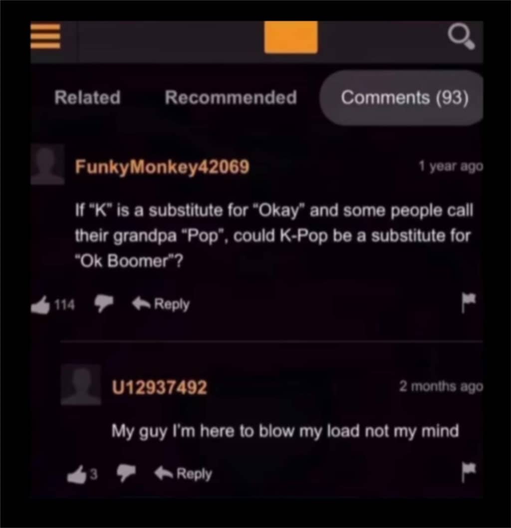 Funny adult website comment section featuring a deep philosophical realization about the term K-Pop and boomers.