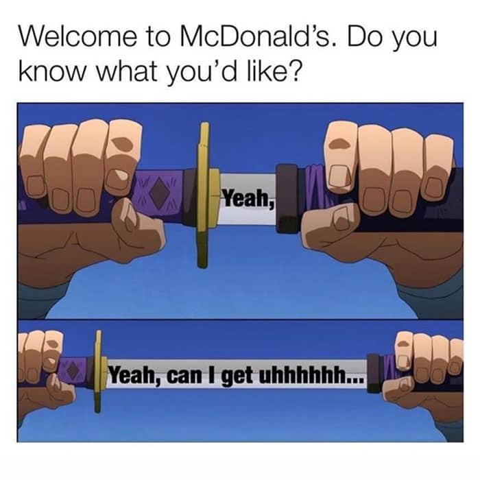 Anime sword drawing meme representing the long pause when ordering at a McDonald's drive-thru.