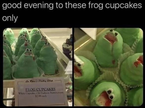 Trays of green frog cupcakes that look like they are screaming with a funny good evening caption.