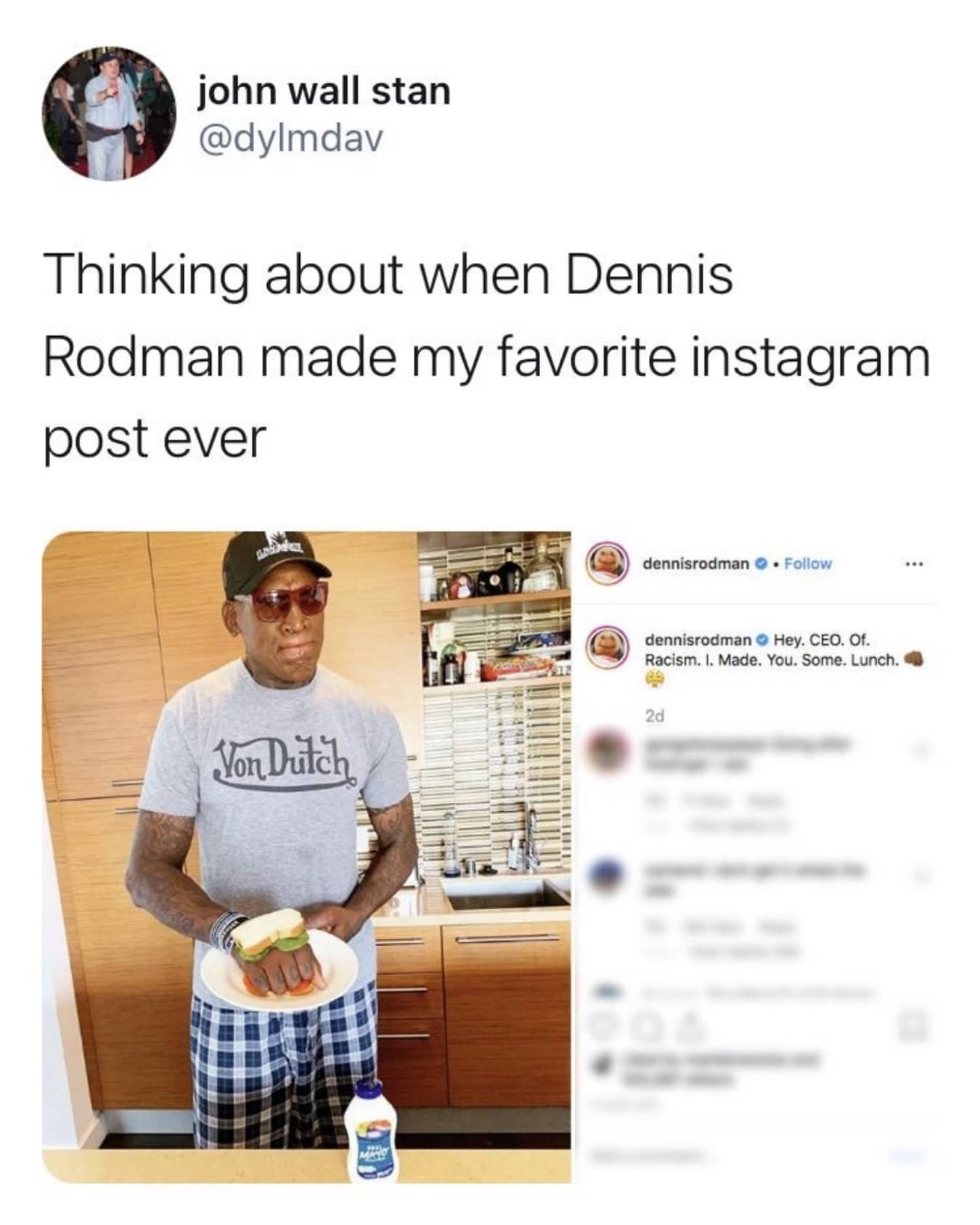 Dennis Rodman holding a sandwich in a kitchen with a bizarre caption addressed to the CEO of racism.