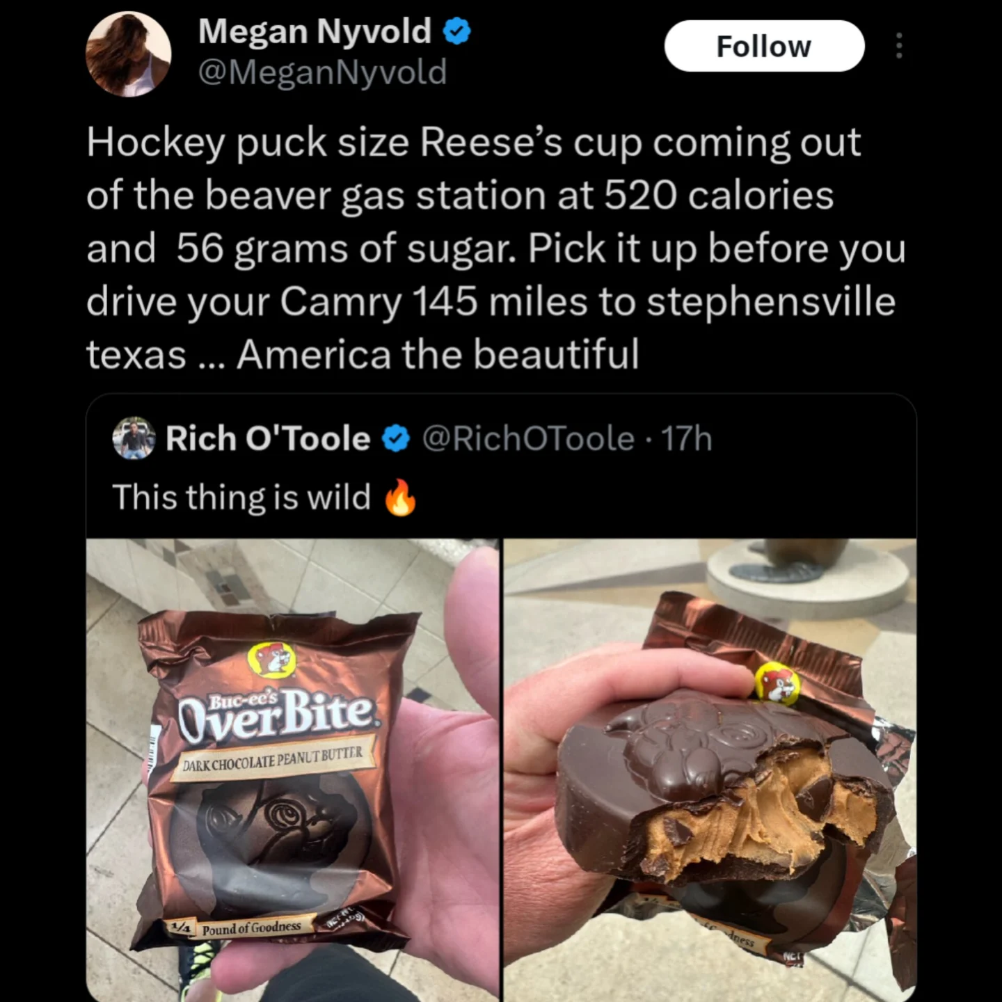 Social media post showing a massive Buc-ee's dark chocolate peanut butter cup with high calorie count.