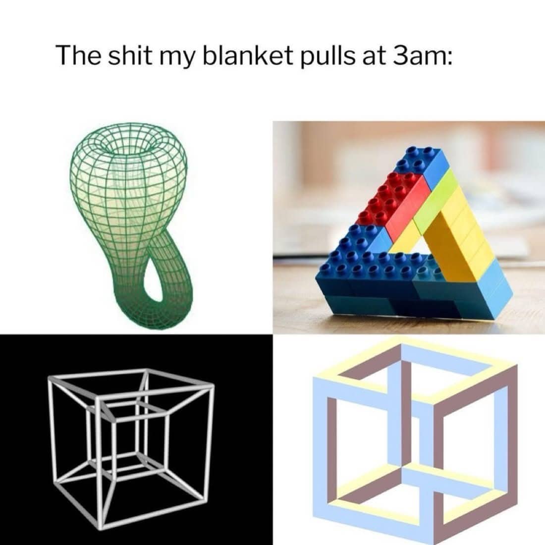 Collage of impossible geometric shapes representing the confusing struggle of a blanket at 3 AM.