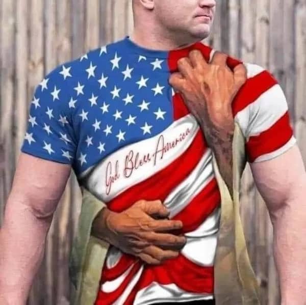 Bizarre t-shirt design showing realistic hands pulling back a shirt to reveal an American flag.
