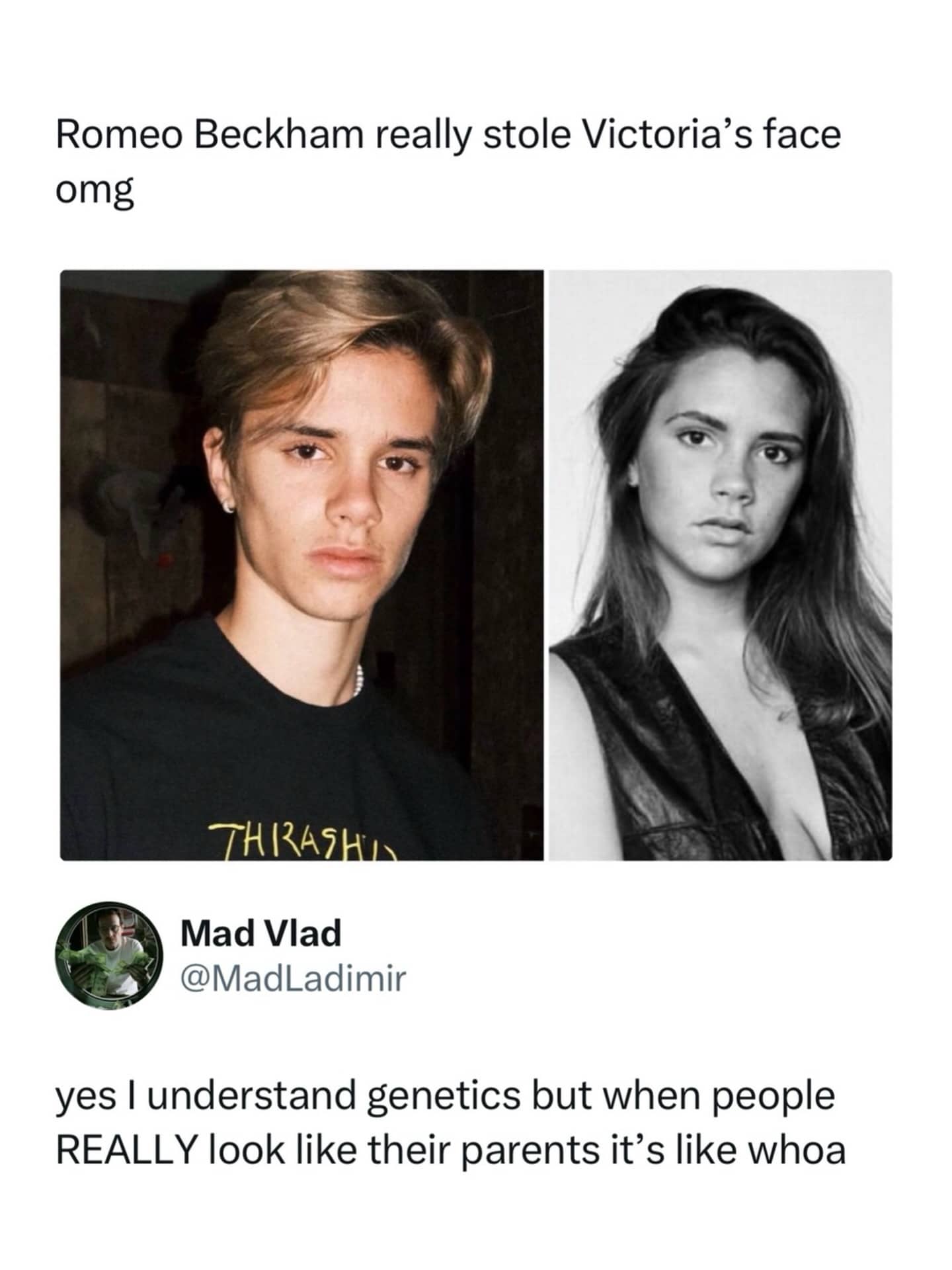 Side-by-side comparison meme showing the striking facial resemblance between Romeo Beckham and Victoria Beckham.