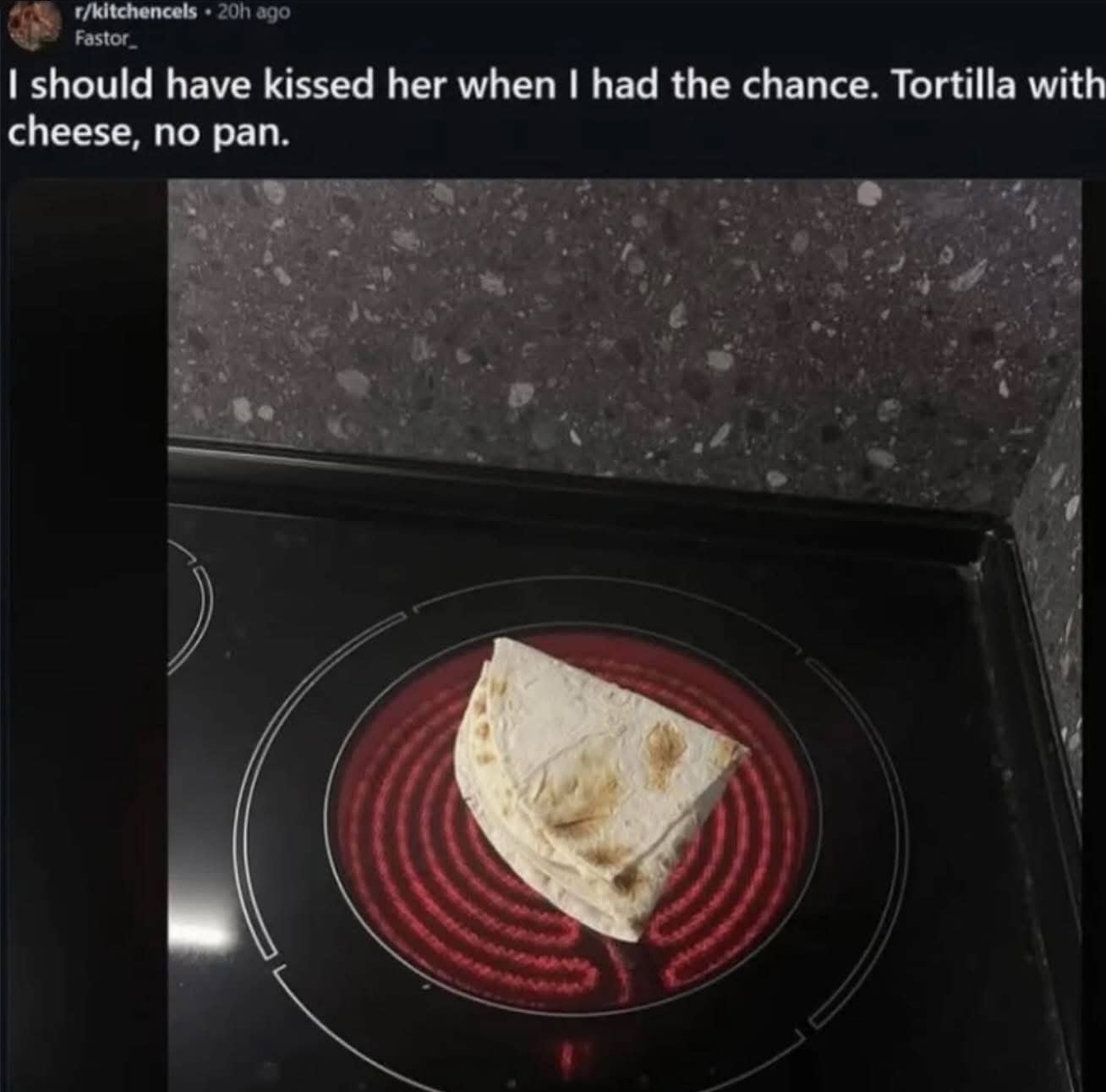 Cursed kitchen image of a folded tortilla being heated directly on an electric stovetop burner.