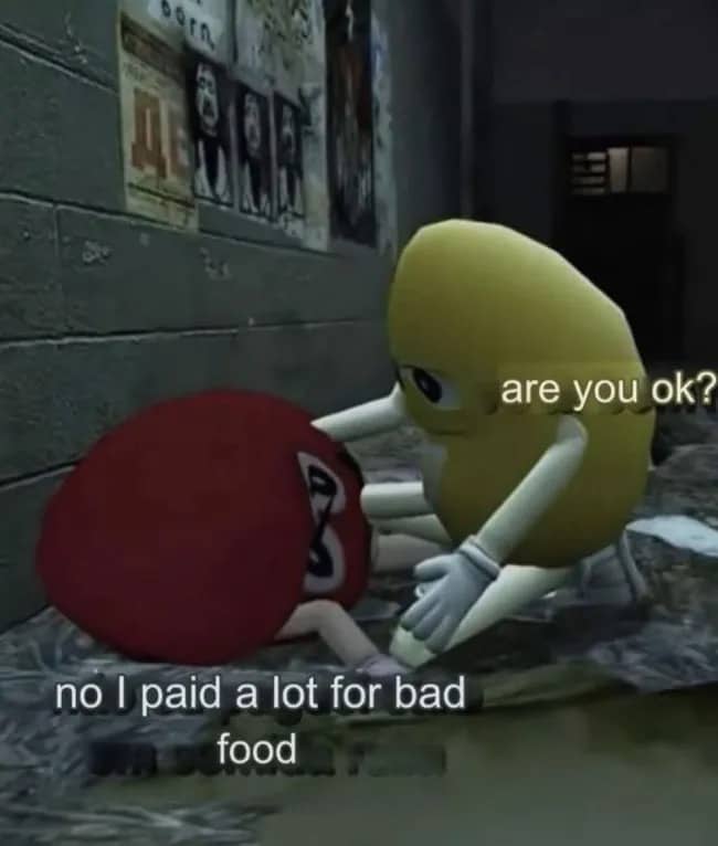 CGI M&M characters in a dark alley with a joke about paying for bad food.