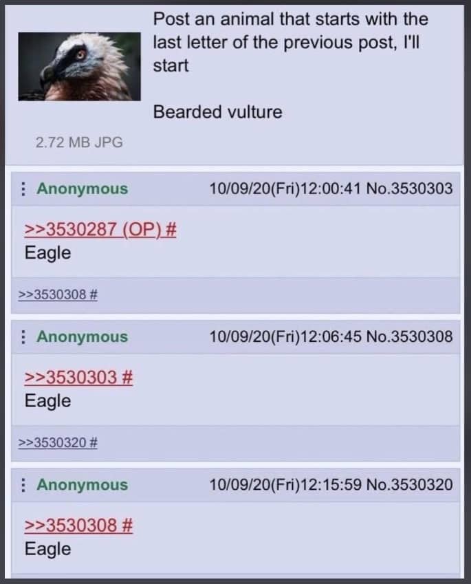 A screenshot of a 4chan thread where users repeatedly post the word Eagle in a game.