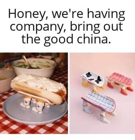 Funny meme featuring a hot dog and tacos resting on ceramic holders shaped like cowboy boots.