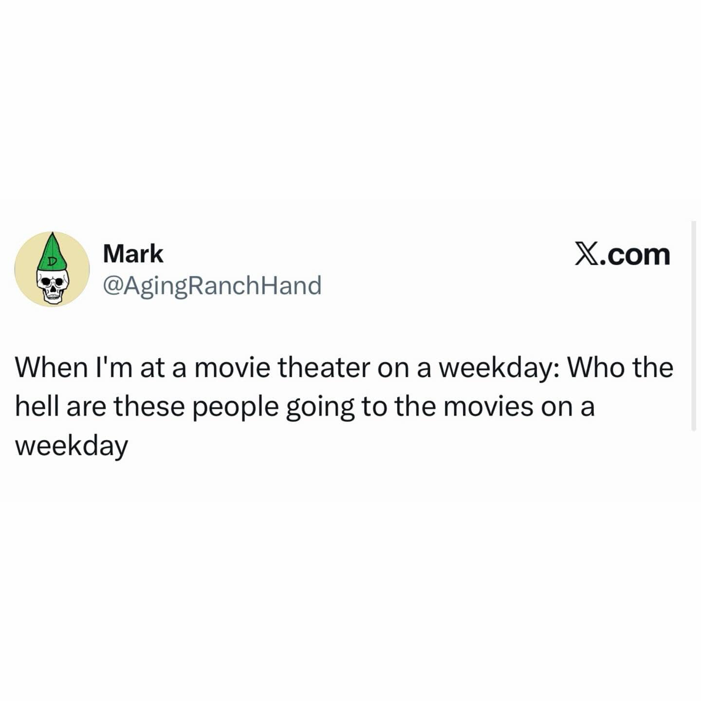 Humorous tweet questioning why other people are at the movie theater on a random weekday.