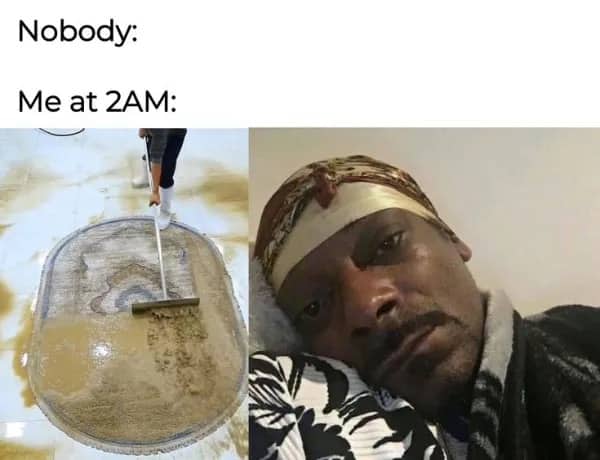 Split image showing deep rug cleaning and a tired person awake at 2 AM watching videos.