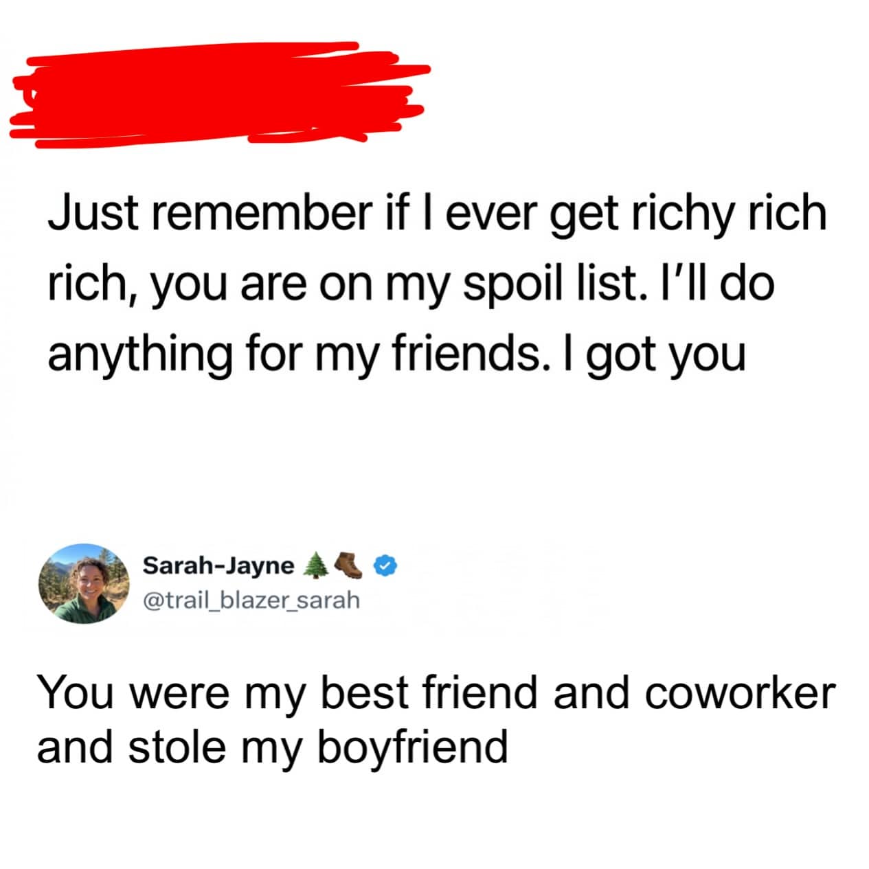 A social media post showing a betrayal between friends involving a stolen boyfriend and a spoil list.