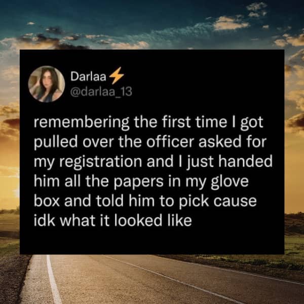 Funny social media post about handing a police officer a pile of glove box papers during a stop