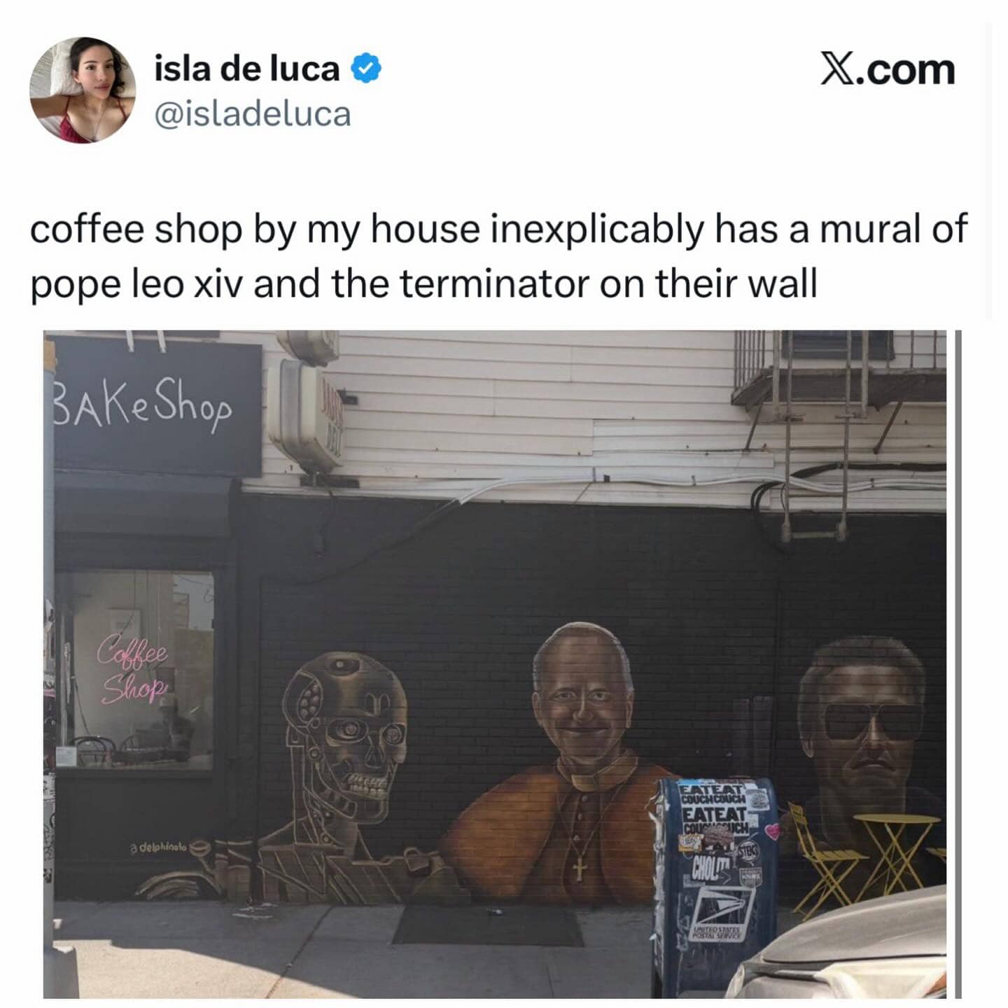 Bizarre street mural featuring the Terminator, Pope Leo XIV, and Arnold Schwarzenegger on a wall.