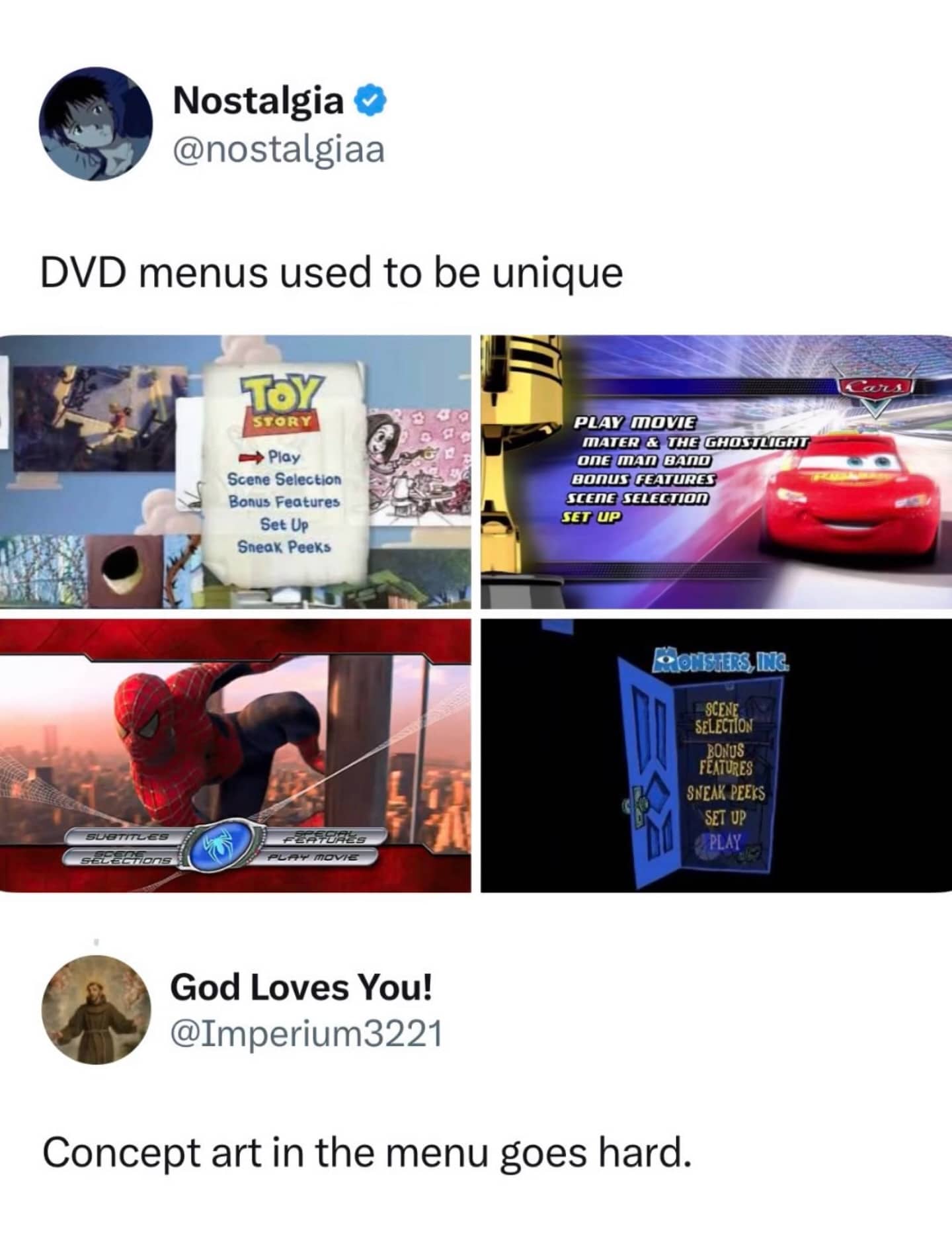 Comparison of nostalgic and unique DVD menus for Toy Story, Cars, Spider-Man, and Monsters Inc.