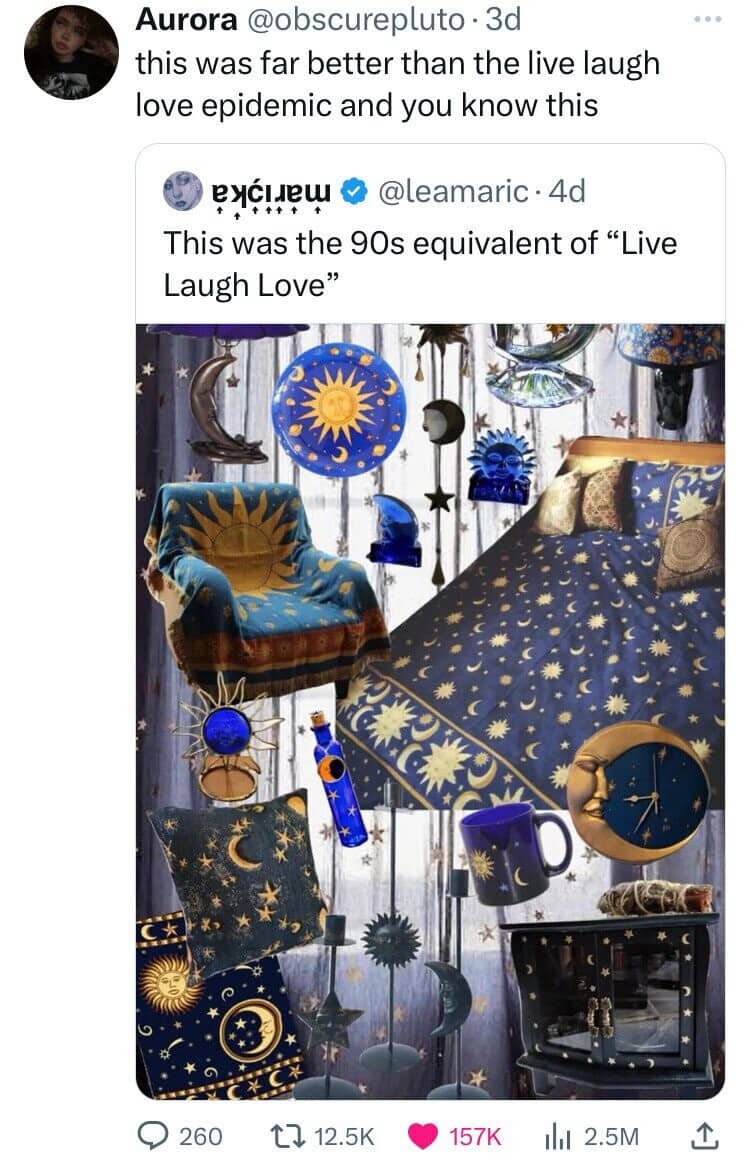 Collection of 1990s celestial home decor featuring sun and moon patterns on blankets, pillows, and clocks.