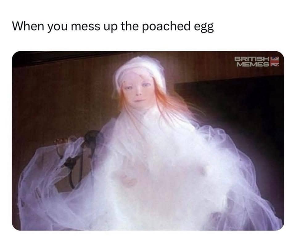 A humorous image comparing a poorly made poached egg to a blurry, ghostly figure in white.