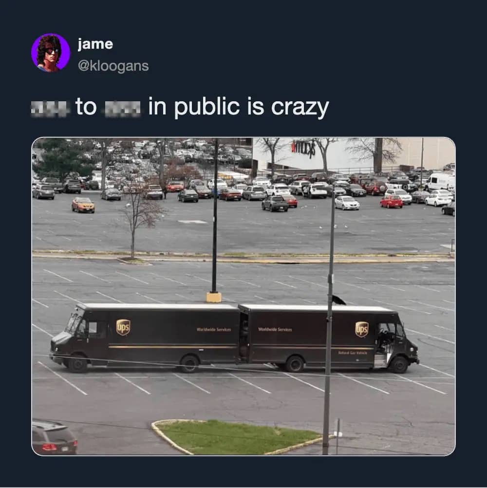 Two UPS trucks parked tail-to-tail in a large parking lot with a suggestive viral caption.
