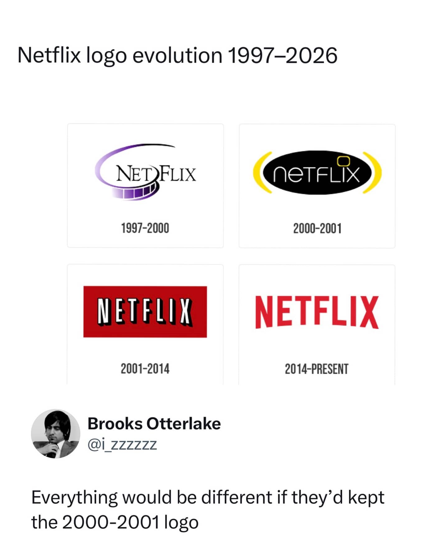 Graphic showing the evolution of the Netflix logo from 1997 to 2026 with funny commentary.