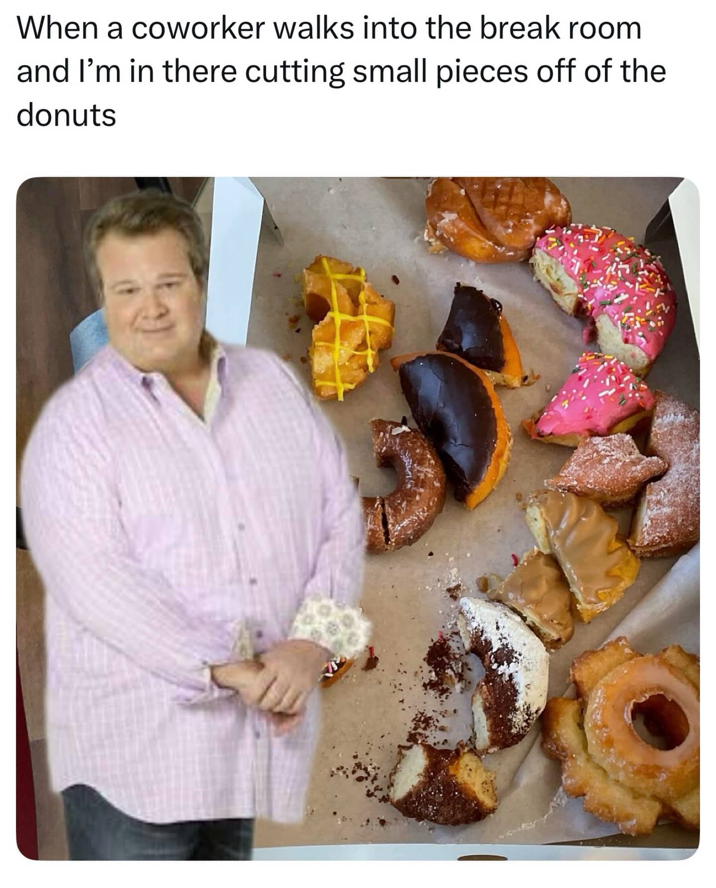 Actor Eric Stonestreet from Modern Family edited over a box of half-eaten donuts in a breakroom.