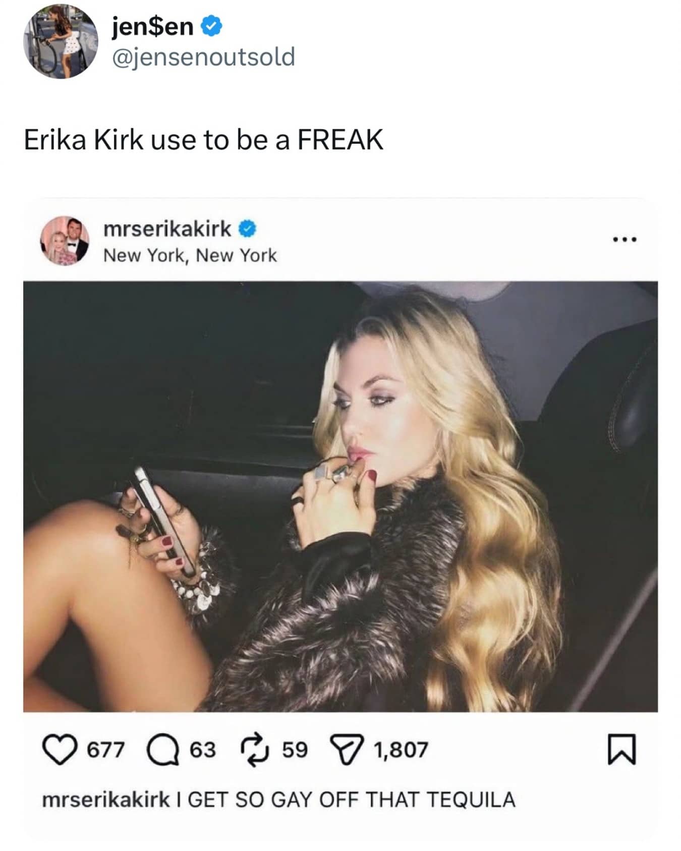 A screenshot of an Instagram post featuring a woman in a car with a humorous tequila caption.