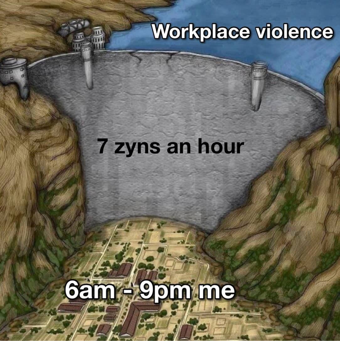 Dam and valley meme illustrating how nicotine pouches prevent workplace violence during the day.