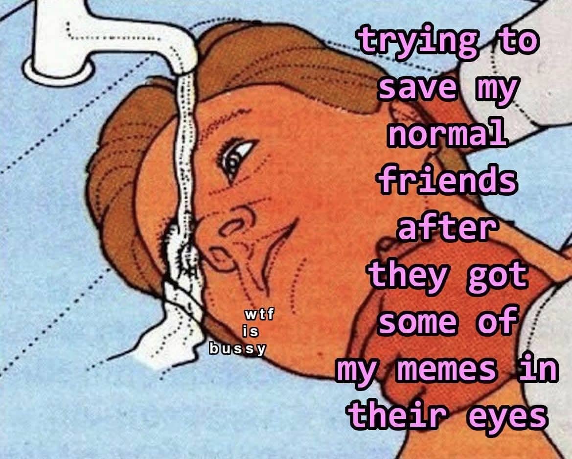 Surreal meme showing a face being washed in a sink with text about showing friends niche memes.