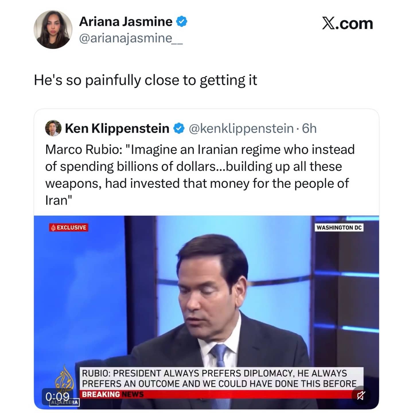 News screenshot of Marco Rubio discussing Iranian military spending with a caption about the irony of the statement.