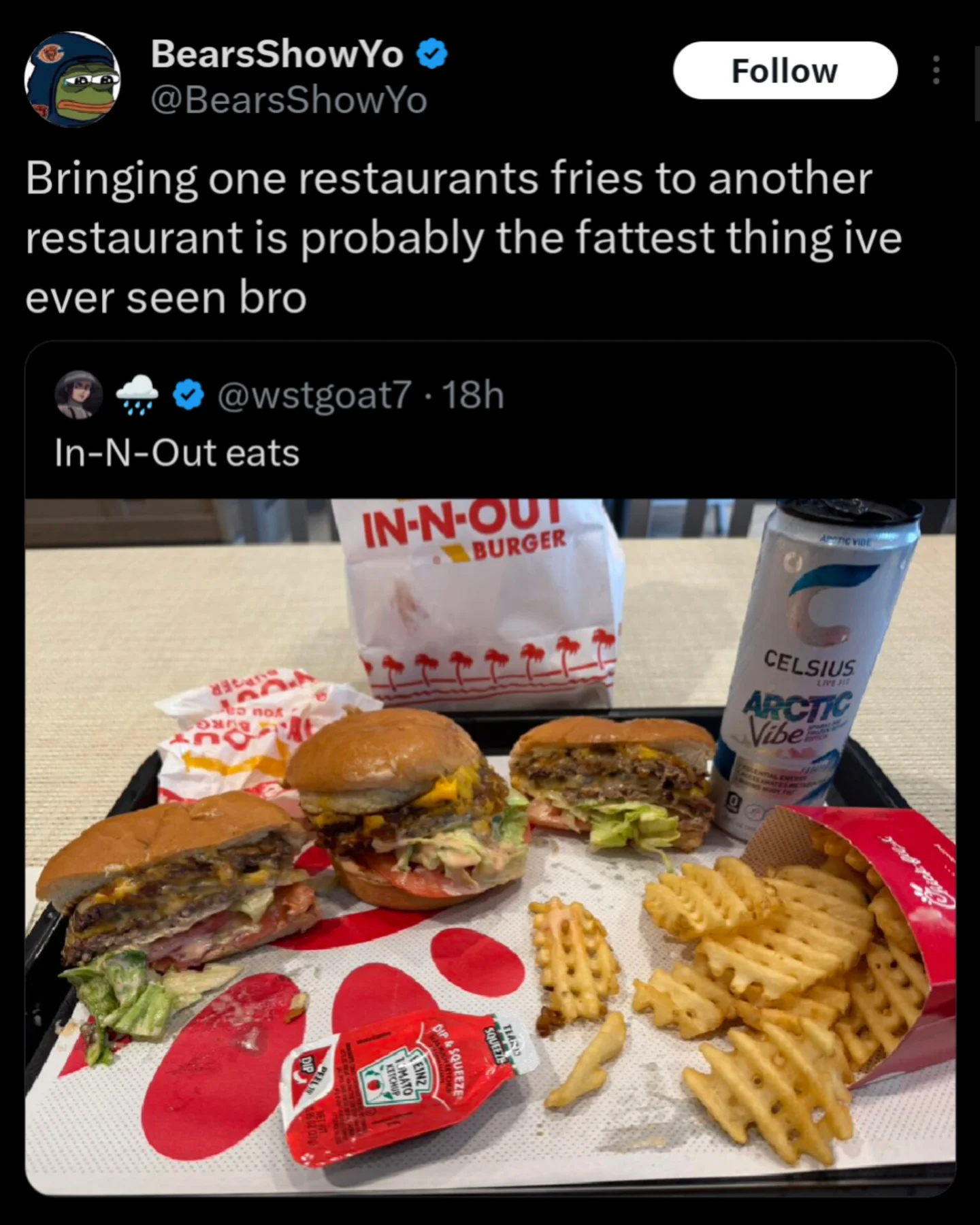 Photo of In-N-Out burgers being eaten on a tray with Chick-fil-A waffle fries.