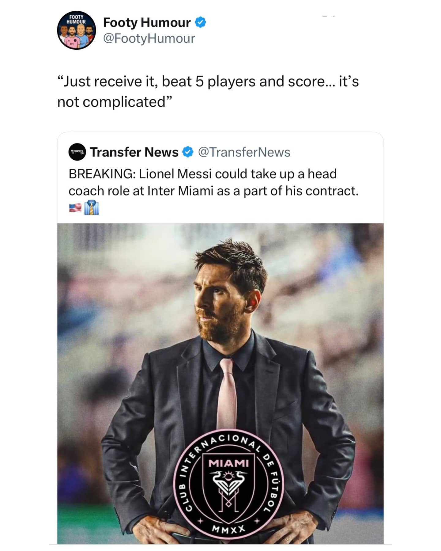 Lionel Messi pictured in a suit with a funny caption about his simple coaching strategy for Inter Miami.