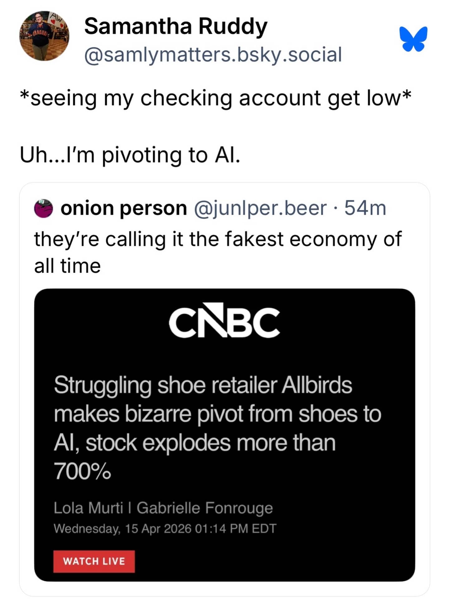 Humorous tweet about pivoting a checking account to AI after seeing Allbirds stock price surge.