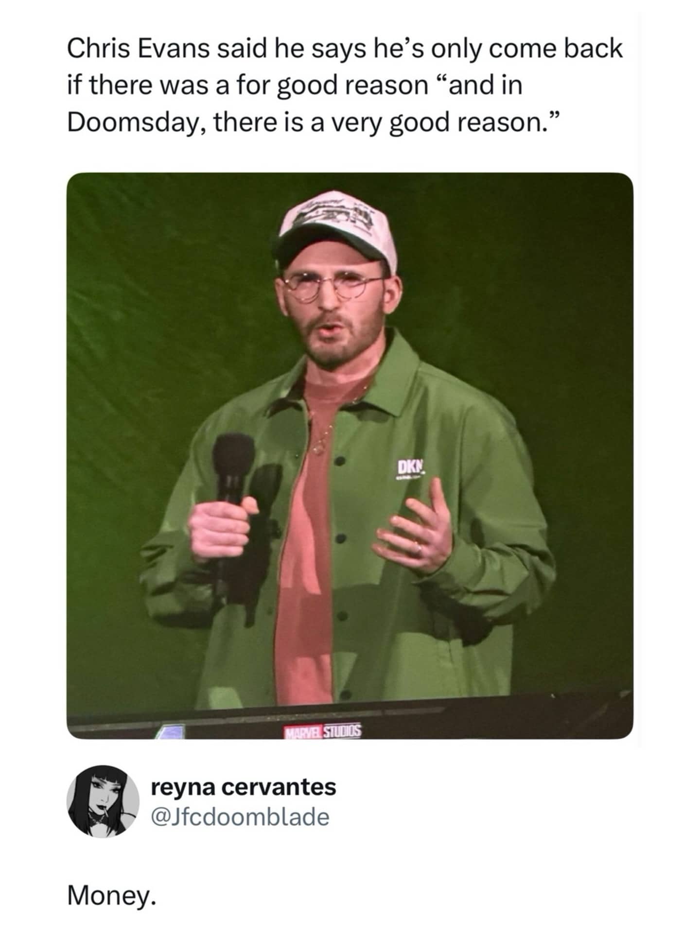 Chris Evans speaking at an event with a funny social media comment suggesting money as his return reason.