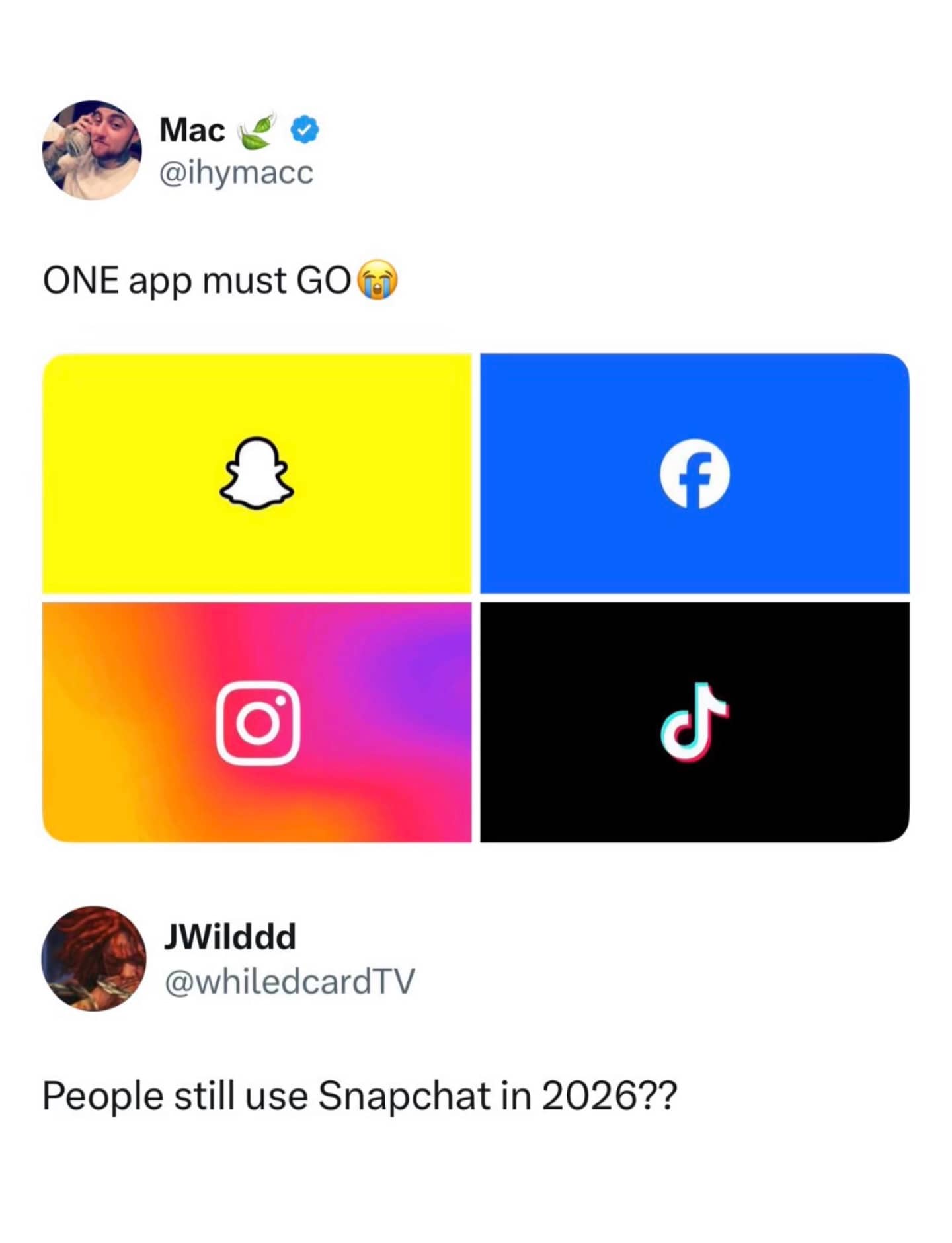 Social media post asking which app must go, featuring Snapchat, Facebook, Instagram, and TikTok icons.