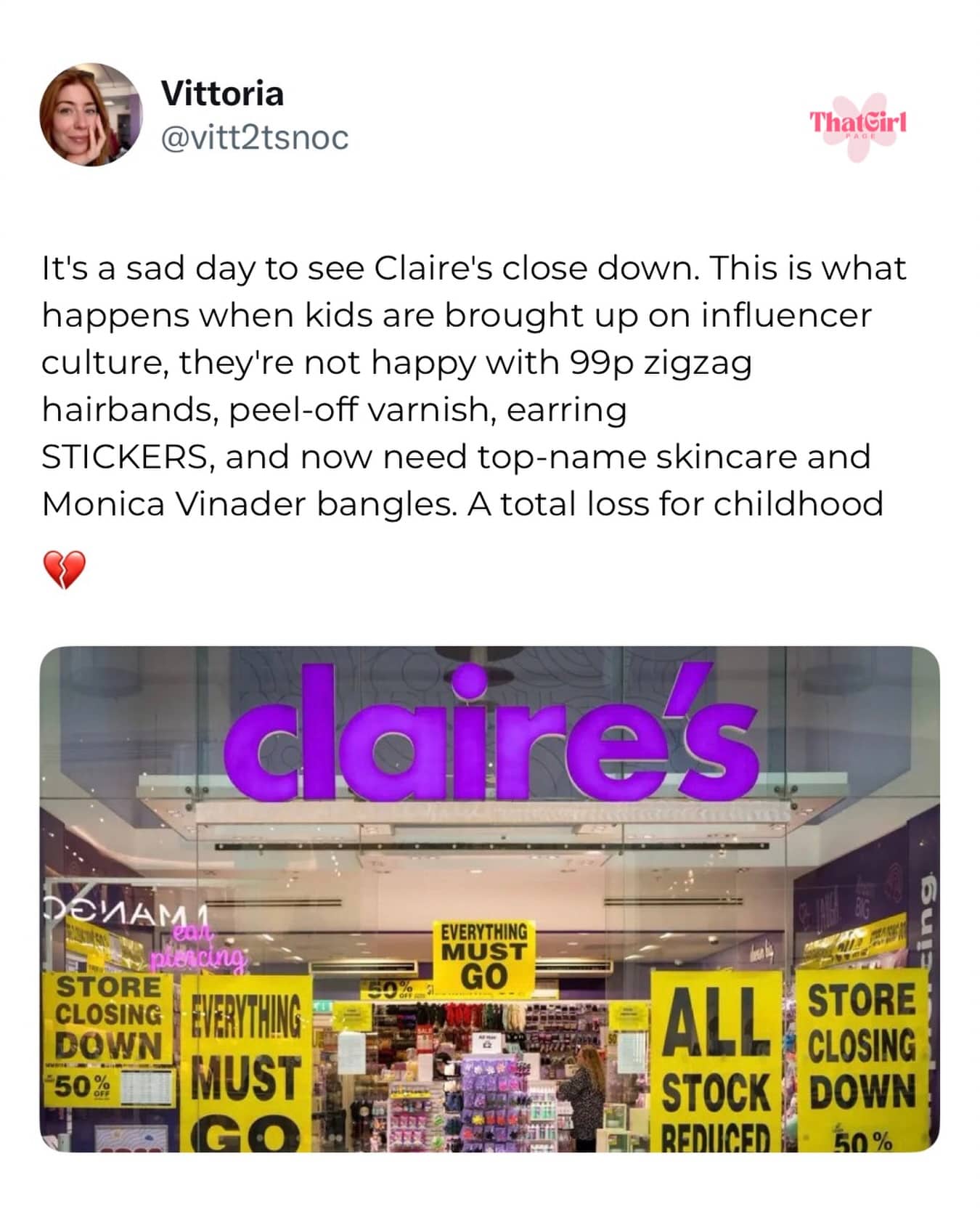Social media post about Claire's store closing and how influencer culture changed childhood shopping habits.