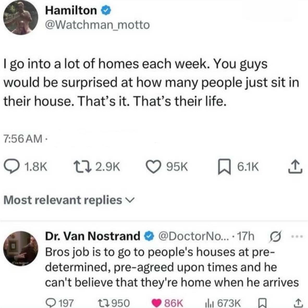 X post about people just sitting in their houses with a sarcastic reply about service appointments.