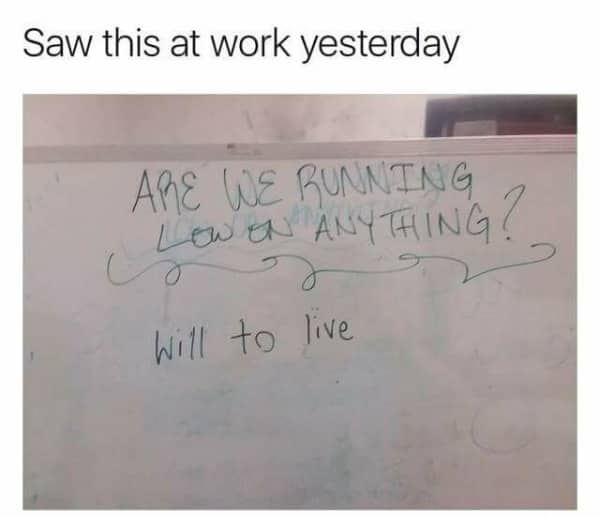 Funny memes about work stress whiteboard asking if running low on anything with reply "will to live."