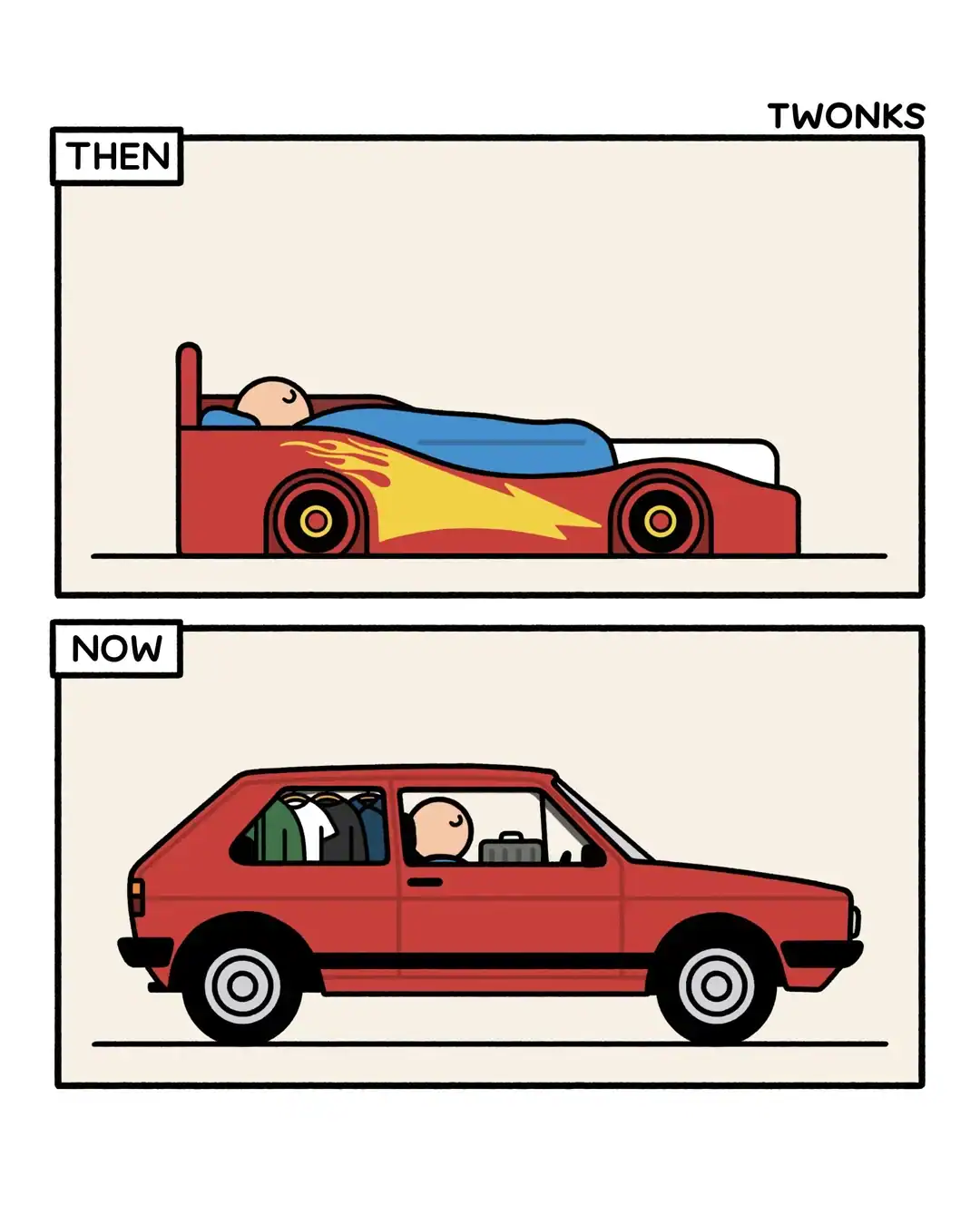 A bittersweet funny online web comic from "TWONKS" contrasting childhood and adulthood. The "THEN" panel shows a child sleeping in a cool red race car bed. The "NOW" panel shows a bald man sleeping in an actual red hatchback car with clothes hanging in the back window, a sharp jab at the modern cost-of-living crisis.